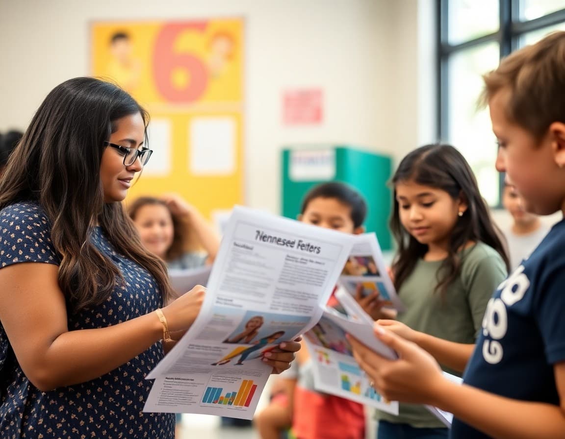 Tennessee ELL families at a Nashville school community event reviewing multilingual program newsletters