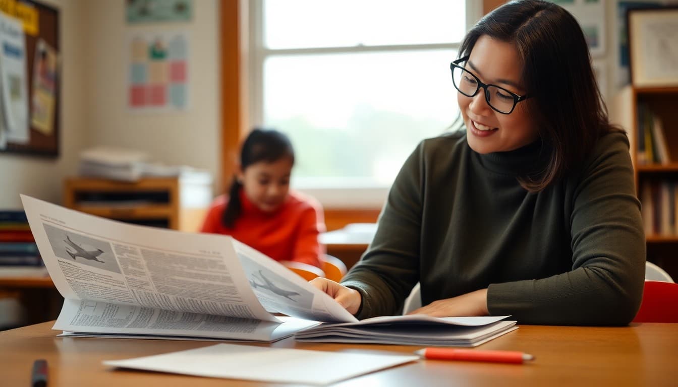 Wisconsin ELL teacher preparing multilingual newsletters for Spanish and Hmong families in a Milwaukee school