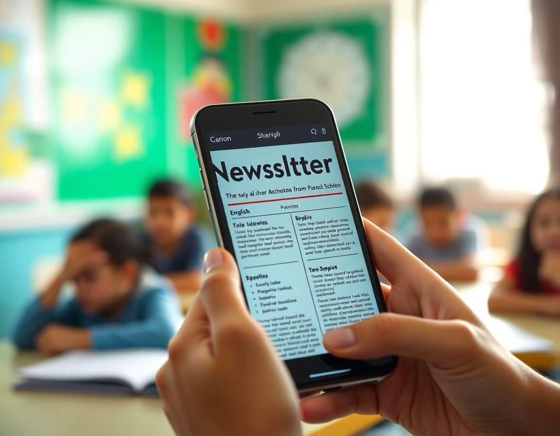 Bilingual school newsletter in English and Spanish open on a parent's phone