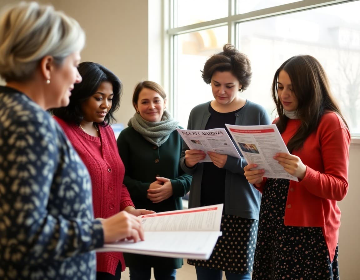 West Virginia ELL families at a school parent event reviewing ELL program newsletters in Spanish and English