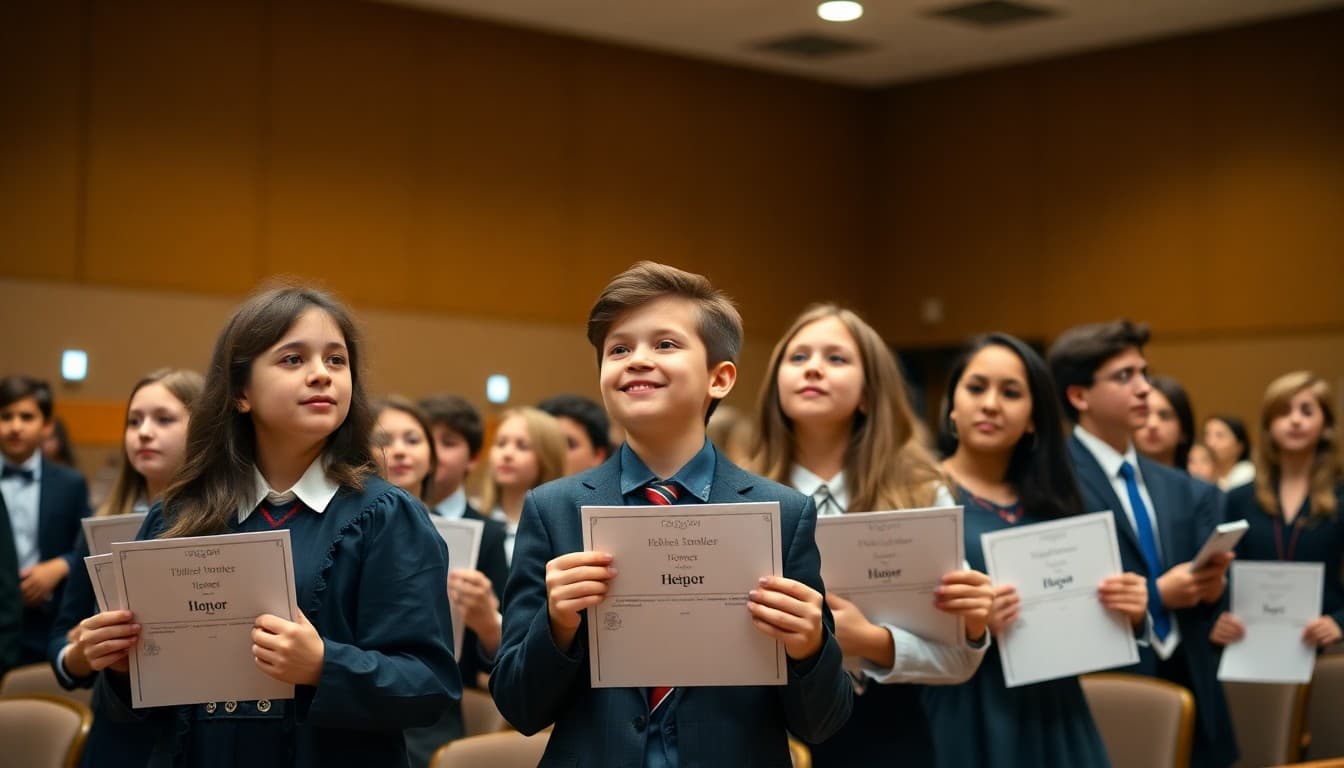 Students in formal attire receiving academic honors awards at end of year ceremony in auditorium