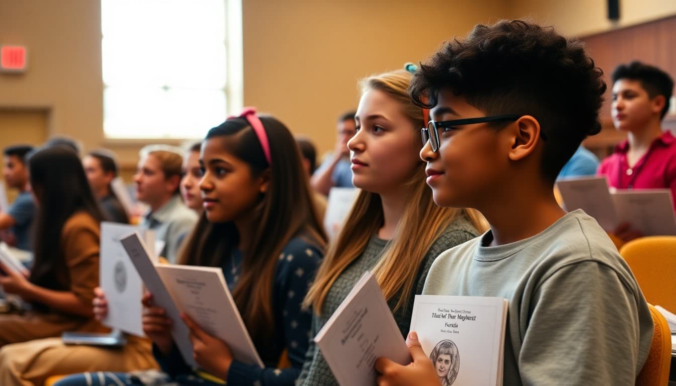 Students receiving academic awards at an end of year honors ceremony in school auditorium