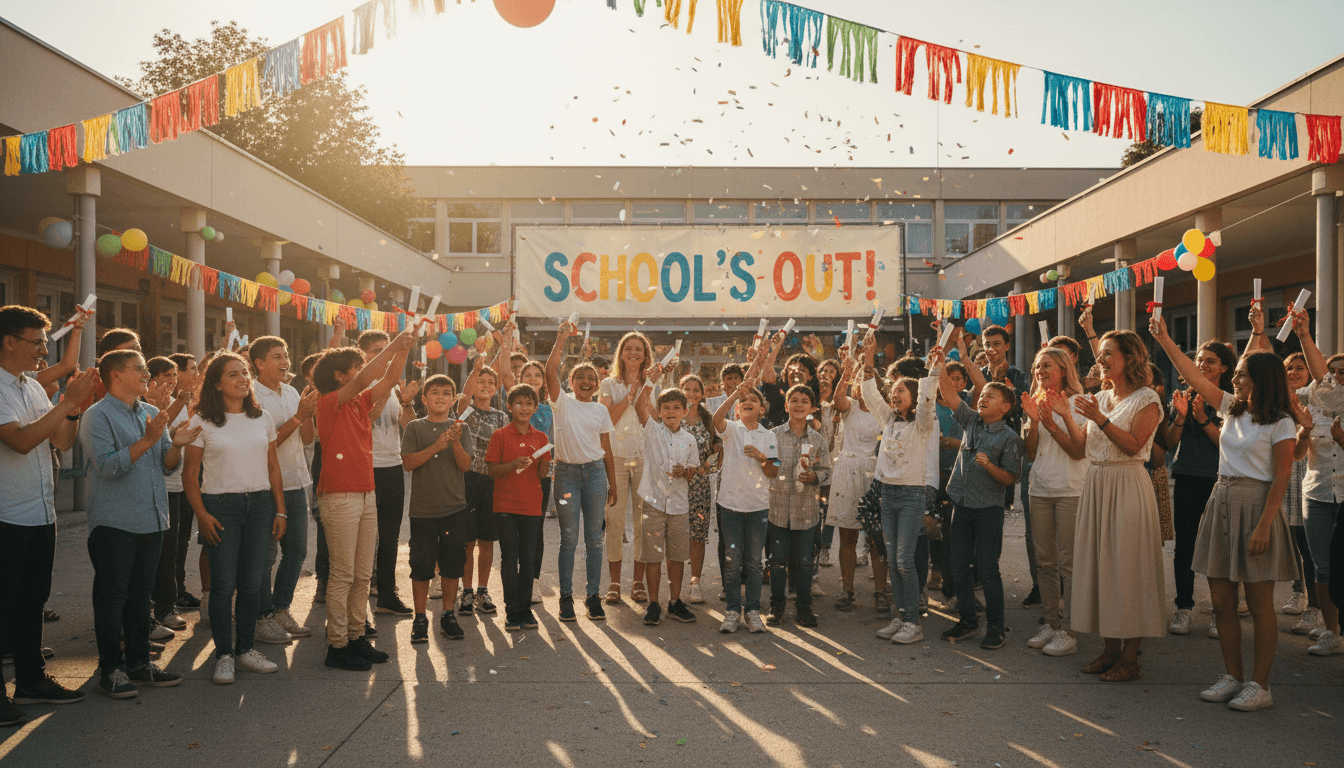 Students walking up a staircase in a school building decorated with end-of-year signs and streamers