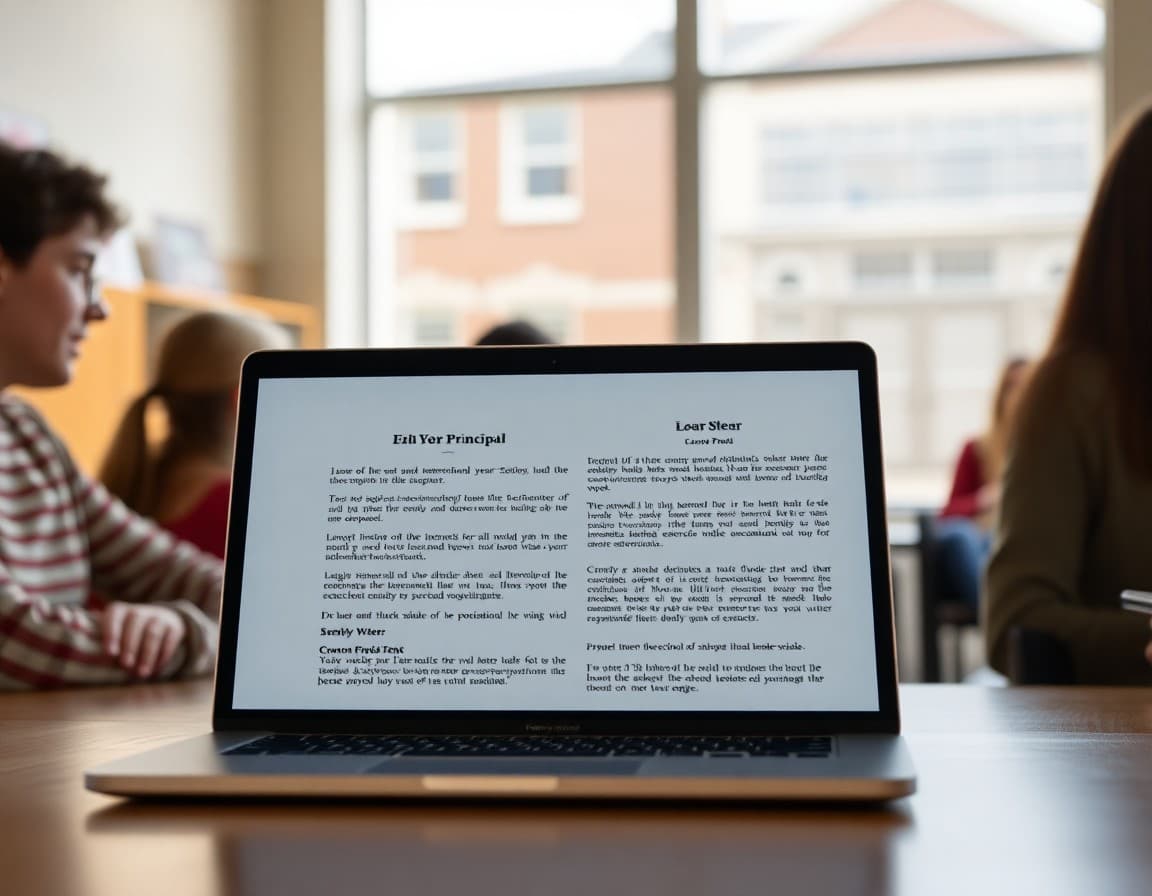 End of year principal letter template open on a laptop with school building in background