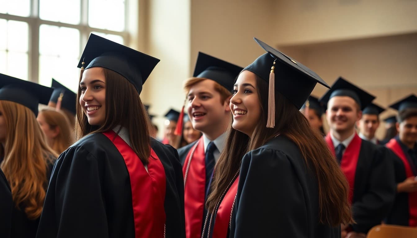 High school seniors in caps and gowns celebrating at graduation commencement ceremony