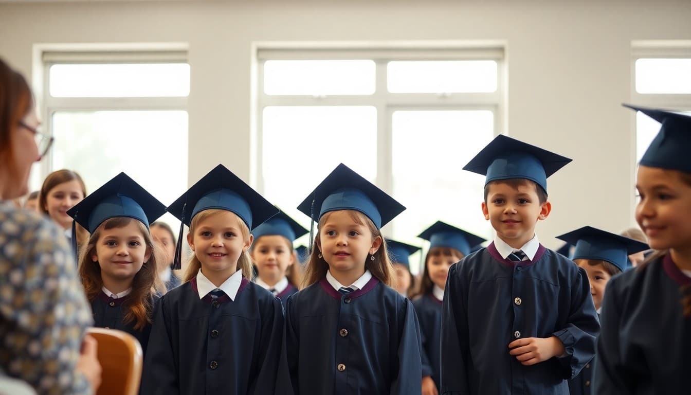 Kindergartners wearing miniature caps and gowns at school graduation ceremony with proud families