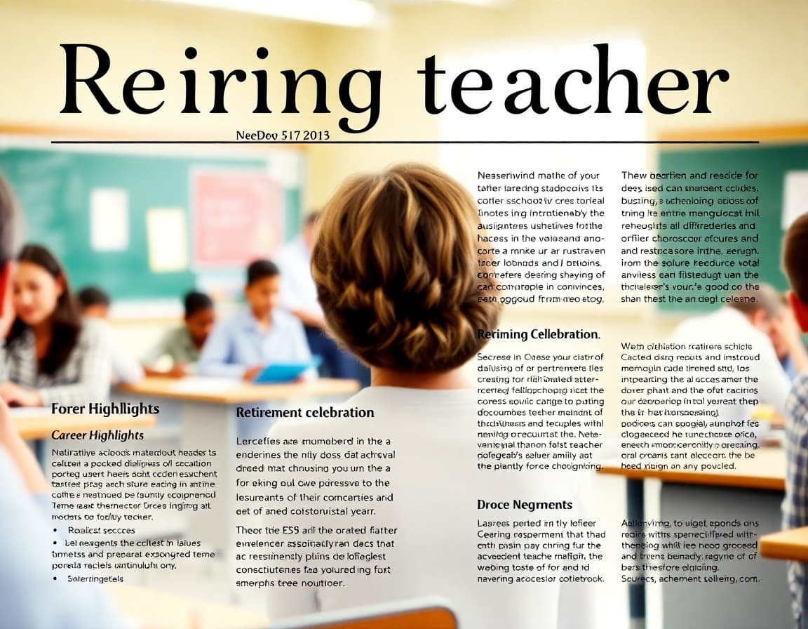 Retiring teacher newsletter template with career highlight sections and retirement celebration details