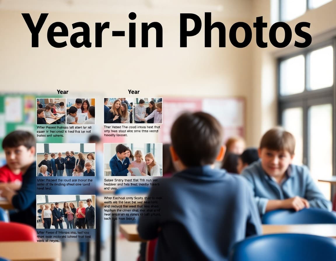 Year-in-photos newsletter layout with event photos and student activity highlights displayed