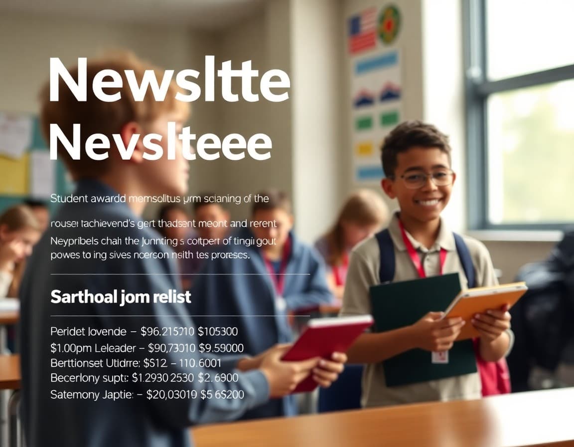 Student achievement newsletter template with award categories and ceremony schedule
