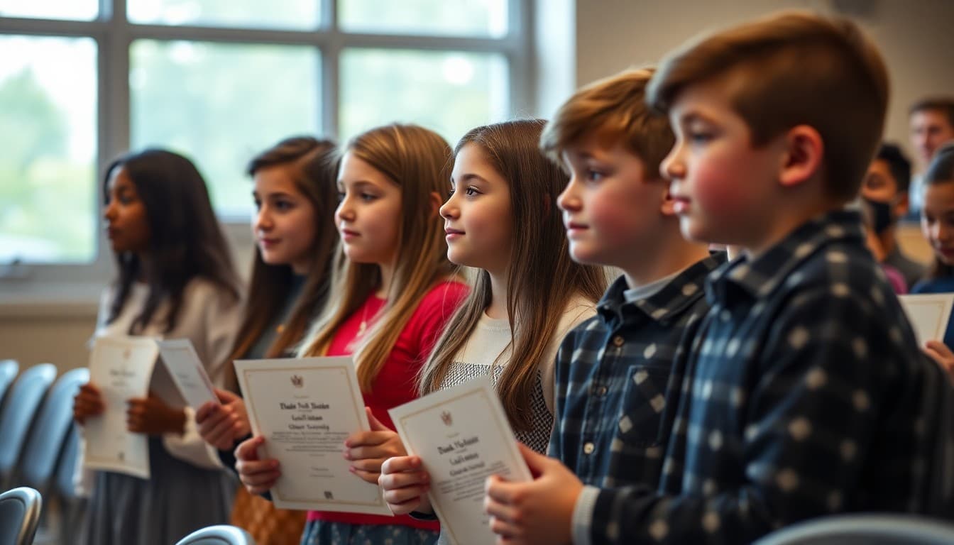 Students receiving end of year academic achievement awards at school honors ceremony