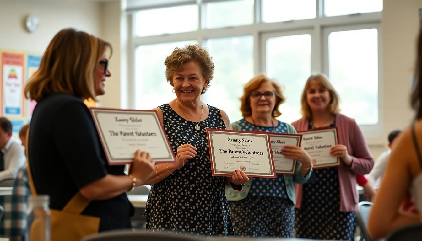 School honoring parent volunteers at end of year appreciation luncheon with certificates