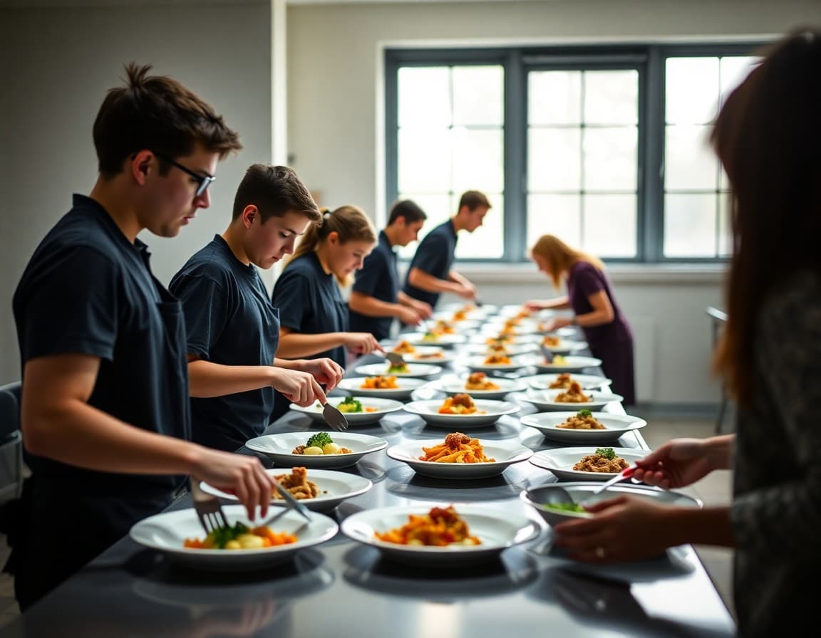 School culinary competition team plating dishes for judges at interscholastic cooking event