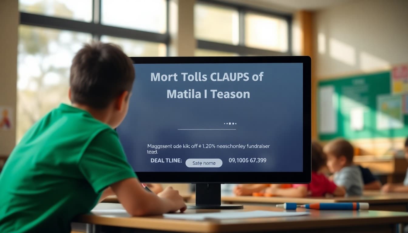 School fundraiser kickoff newsletter with goal amount and deadline on screen