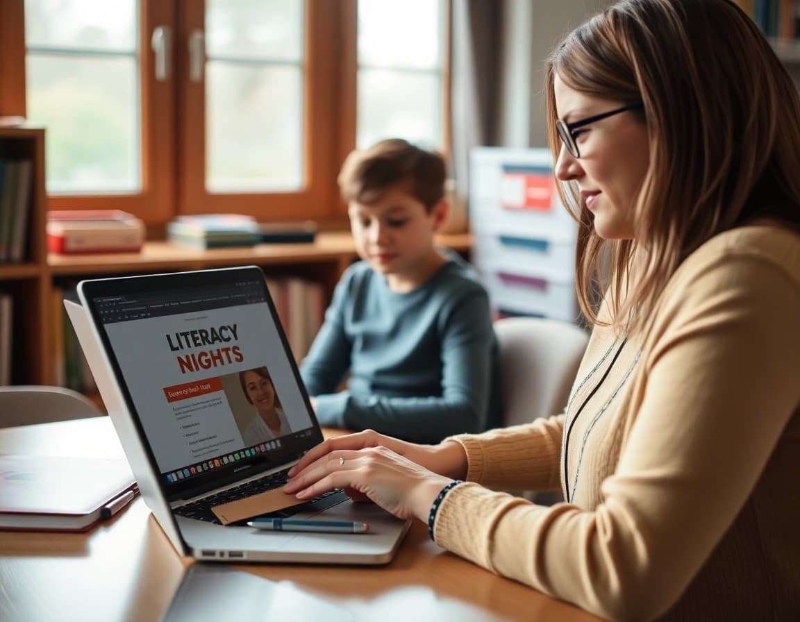 Reading teacher preparing literacy night invitation newsletter on laptop at home