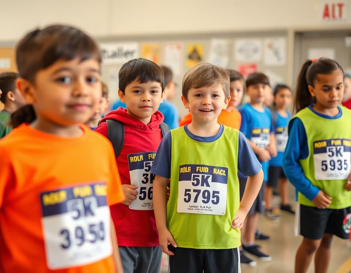Elementary students in race bibs warming up at start line for school 5K fun run fundraiser event