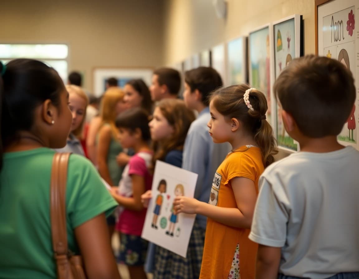 Families viewing elementary student artwork on display at school art auction and gallery night