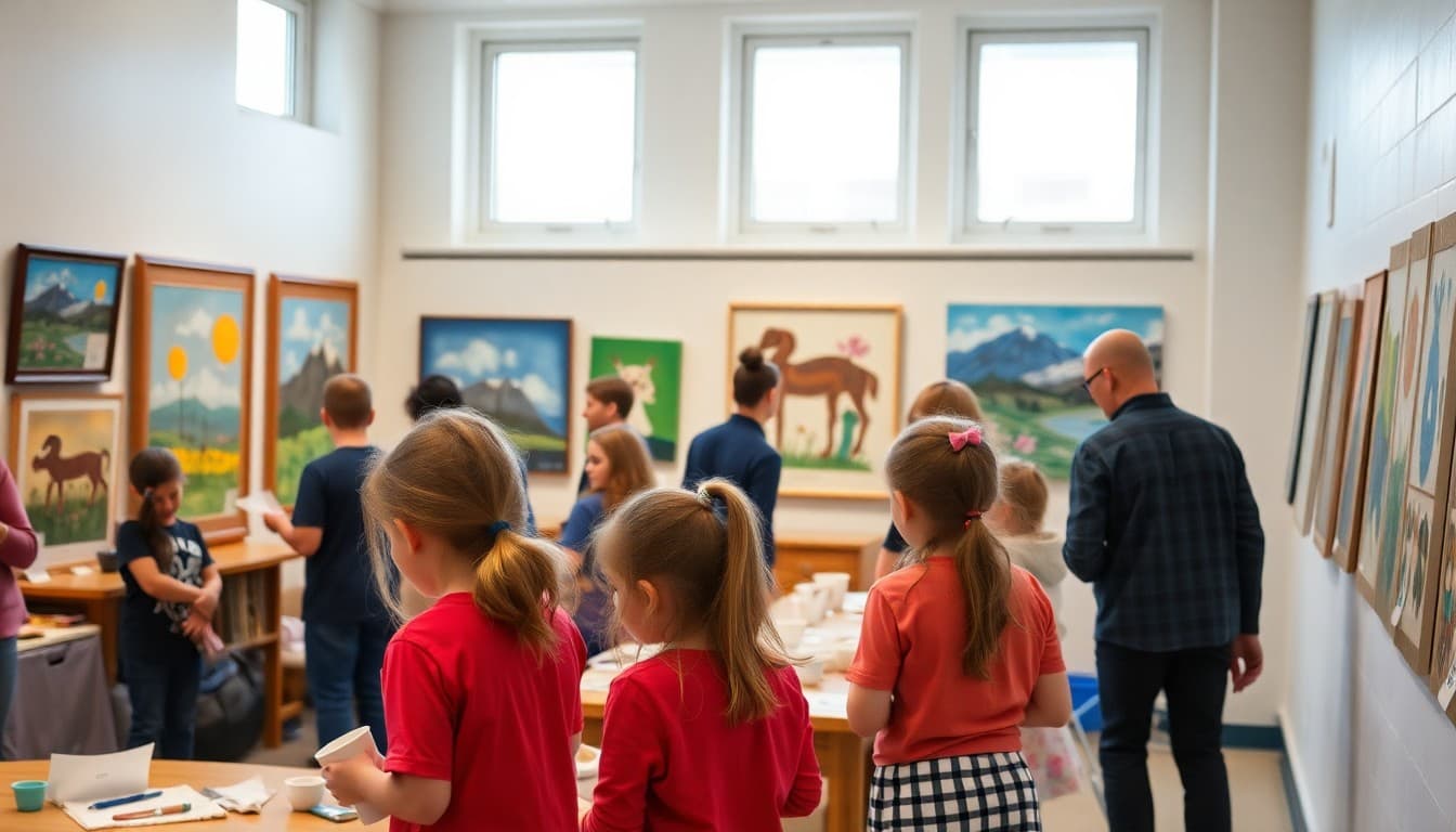 School art auction gallery with student paintings and ceramics displayed for bidding at fundraiser event