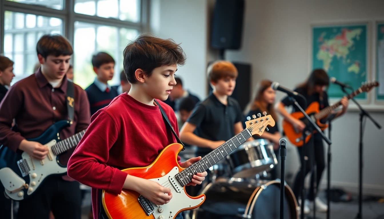 Student bands performing at school battle of the bands competition with electric guitars and drum set