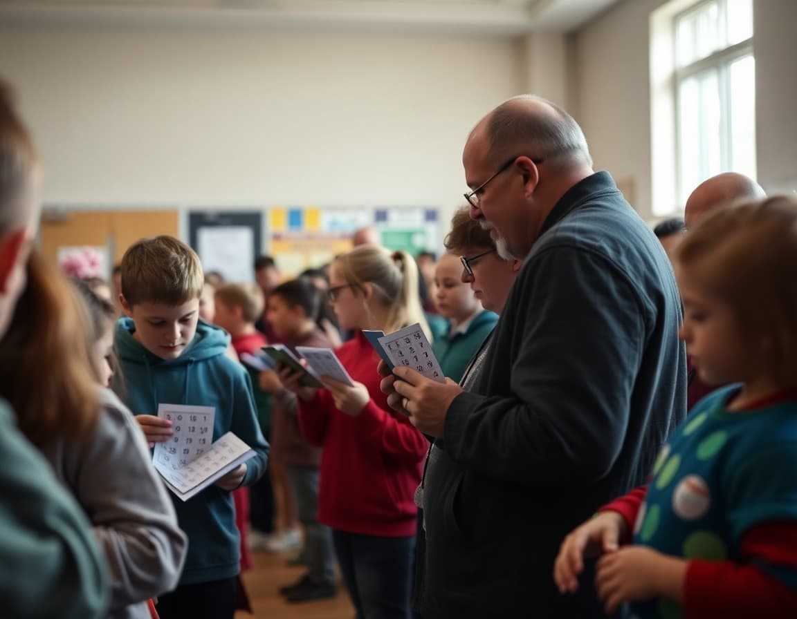 Students and parents at school bingo fundraiser checking cards as numbers are called from the stage