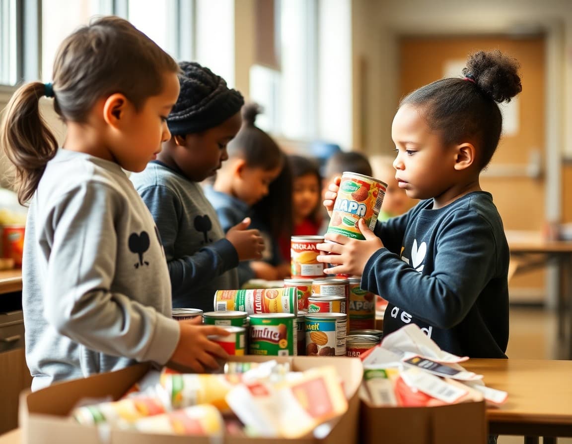 Elementary students stacking donated canned goods for school food pantry drive organized by student council