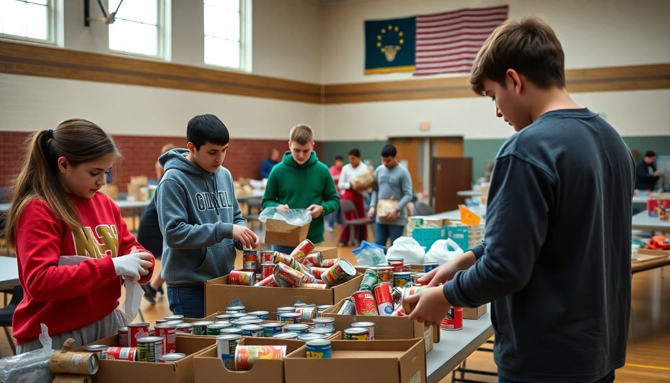 Students sorting canned food donations at school food drive collection tables in gymnasium