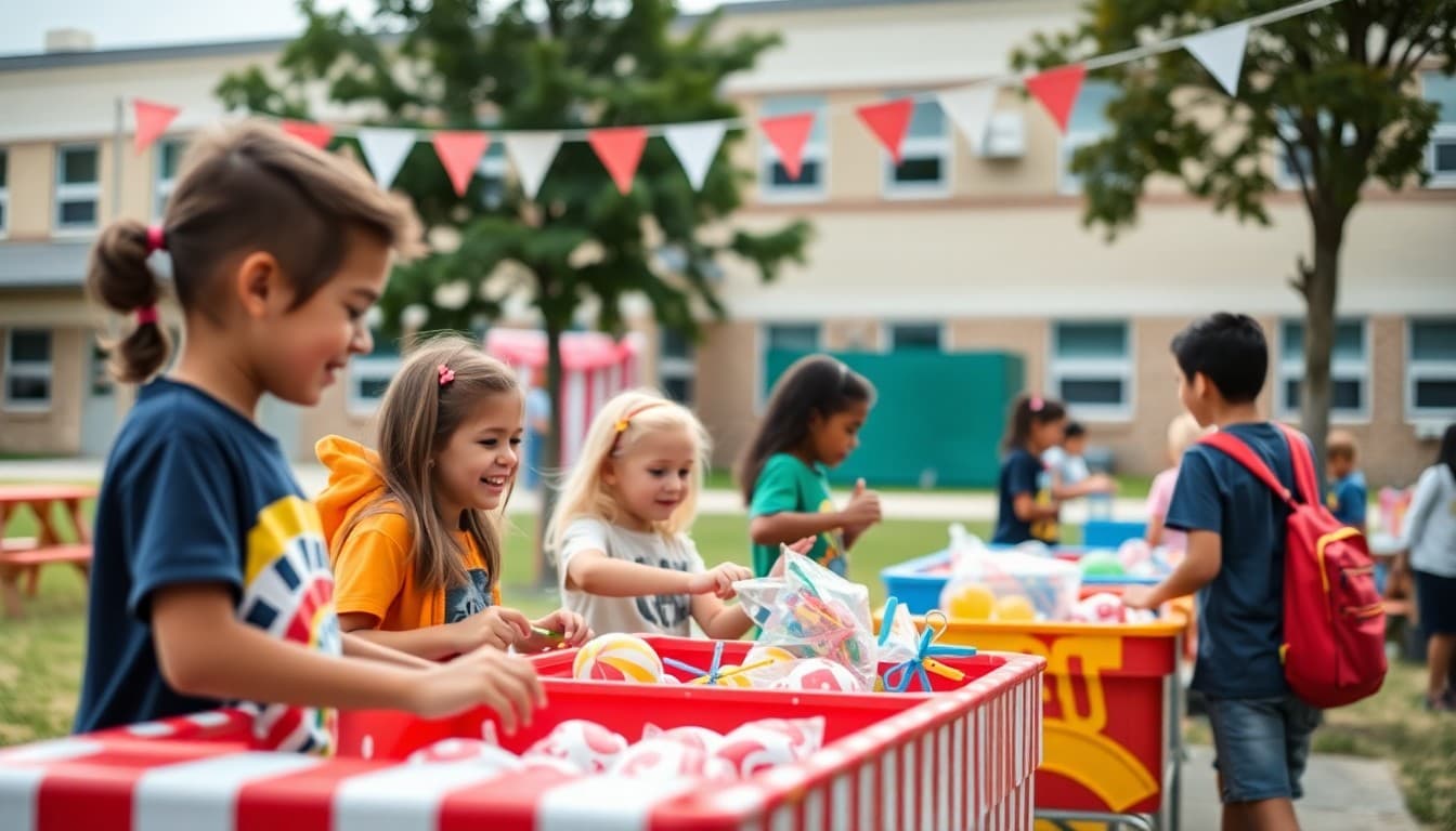School carnival with games and activities for student families on outdoor school grounds