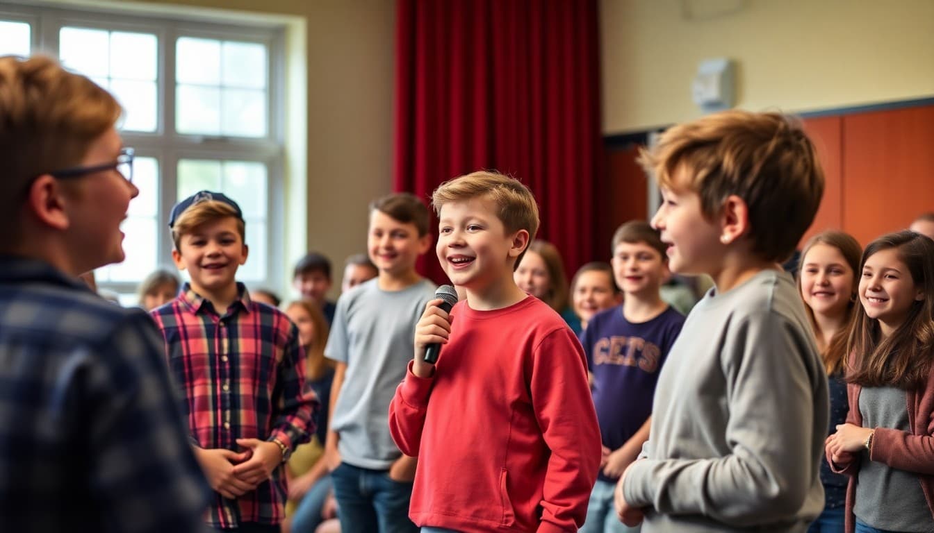 Students performing stand-up comedy on school stage for laughing parent audience at comedy night