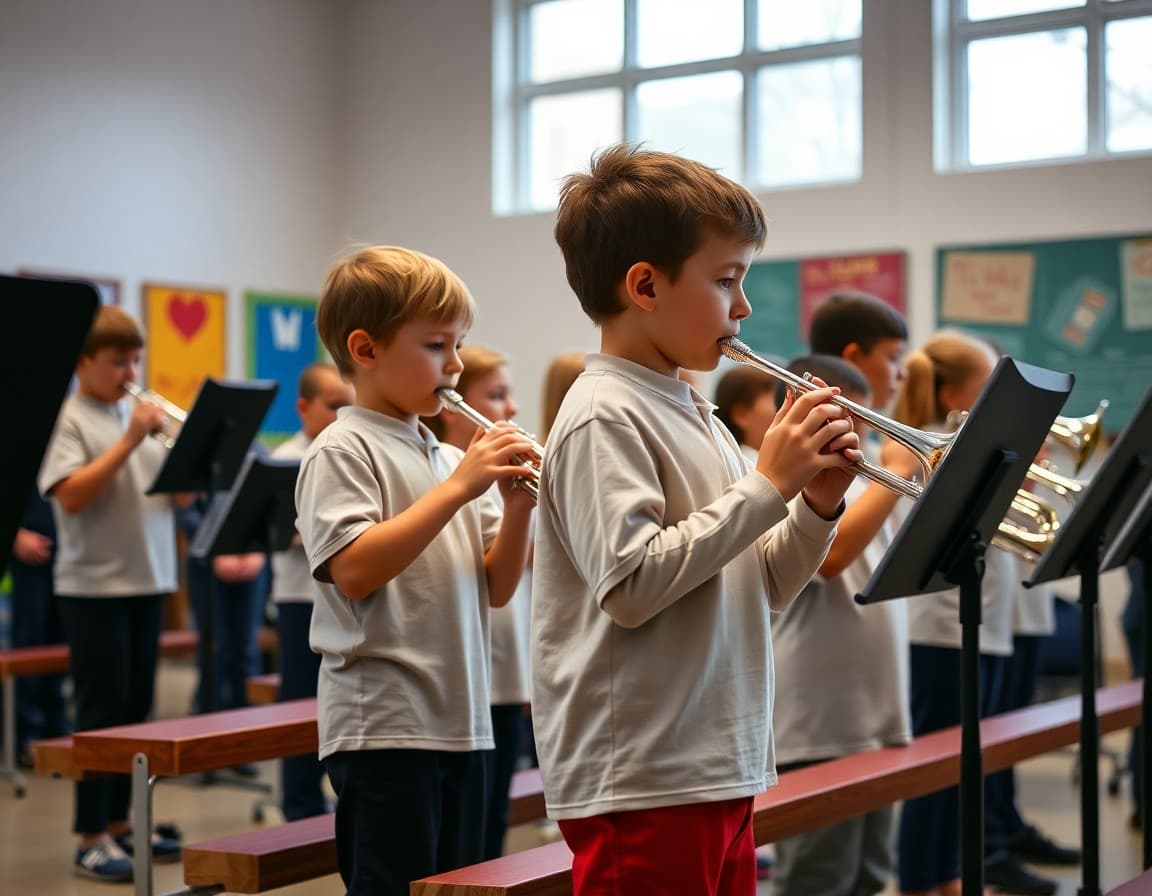 Elementary band students in matching shirts rehearsing on risers before school concert performance