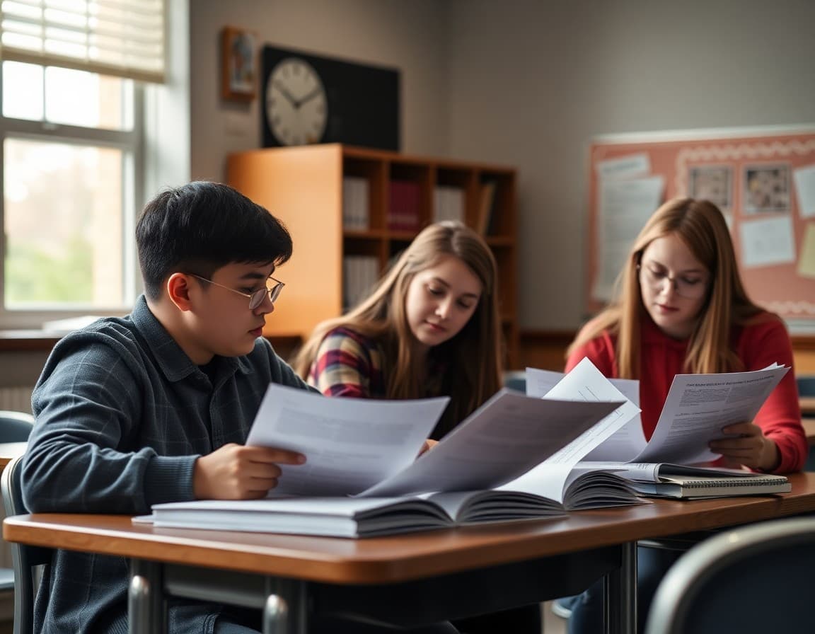 High school debate team studying case files and preparing arguments before regional debate tournament