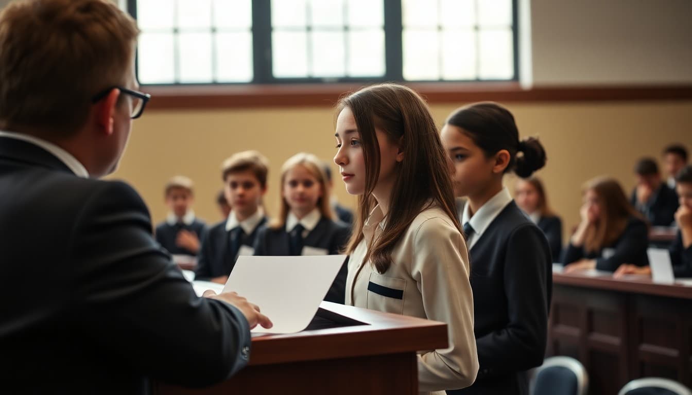 Debate students at podium during school debate tournament in formal attire before panel of judges