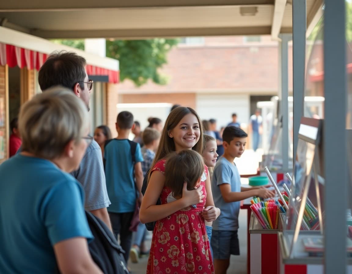 Families enjoying school fair booths and games on sunny day at school grounds