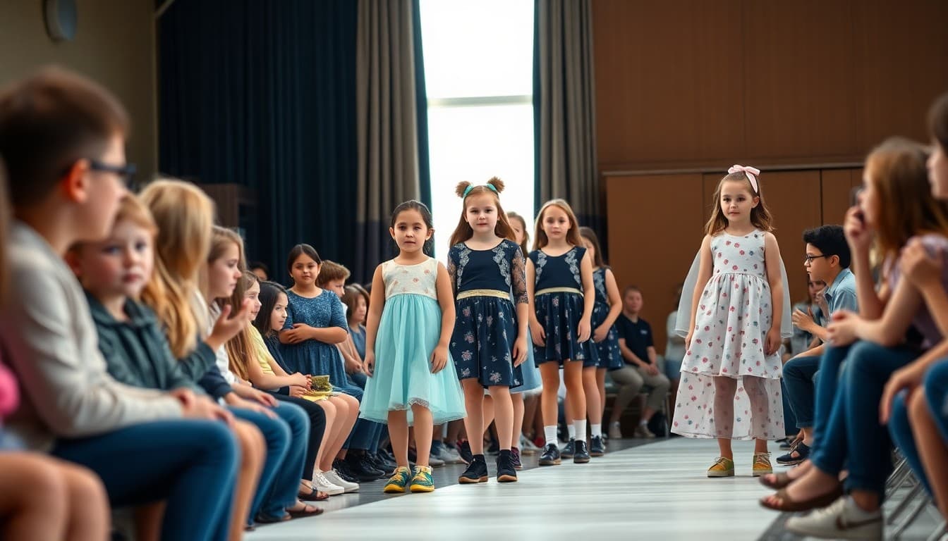 School fashion show with student-designed outfits on the runway in front of seated family audience
