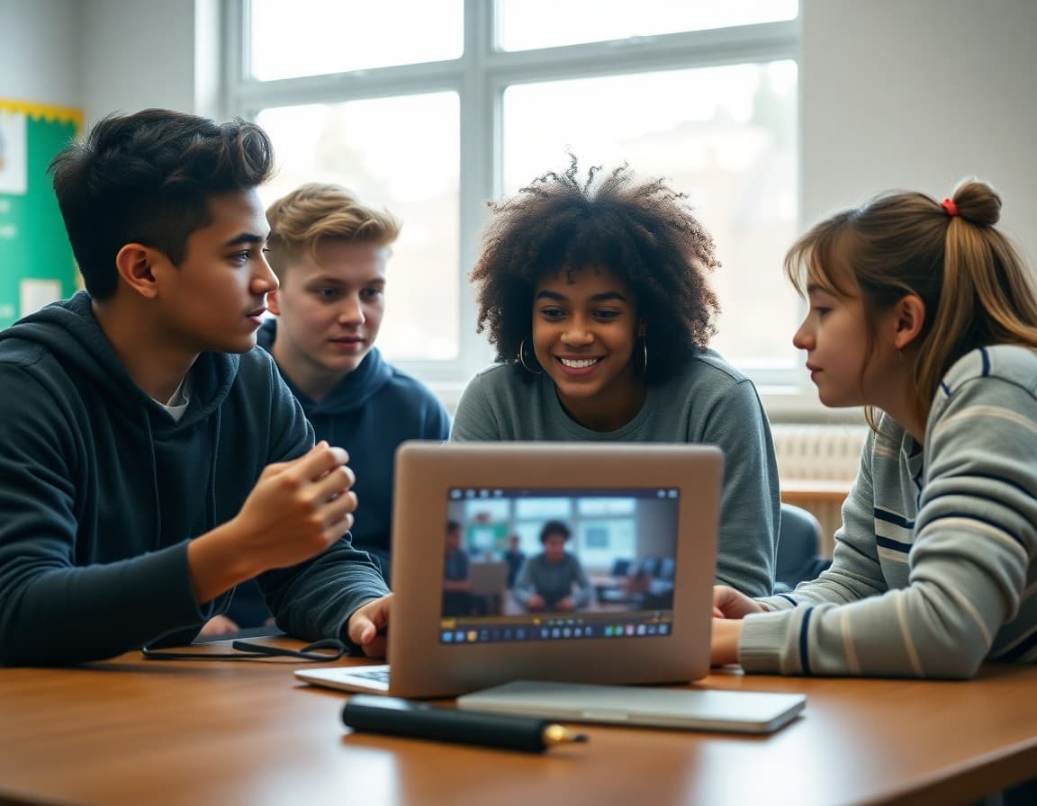 Film students reviewing footage on laptop during production of short film for school film festival