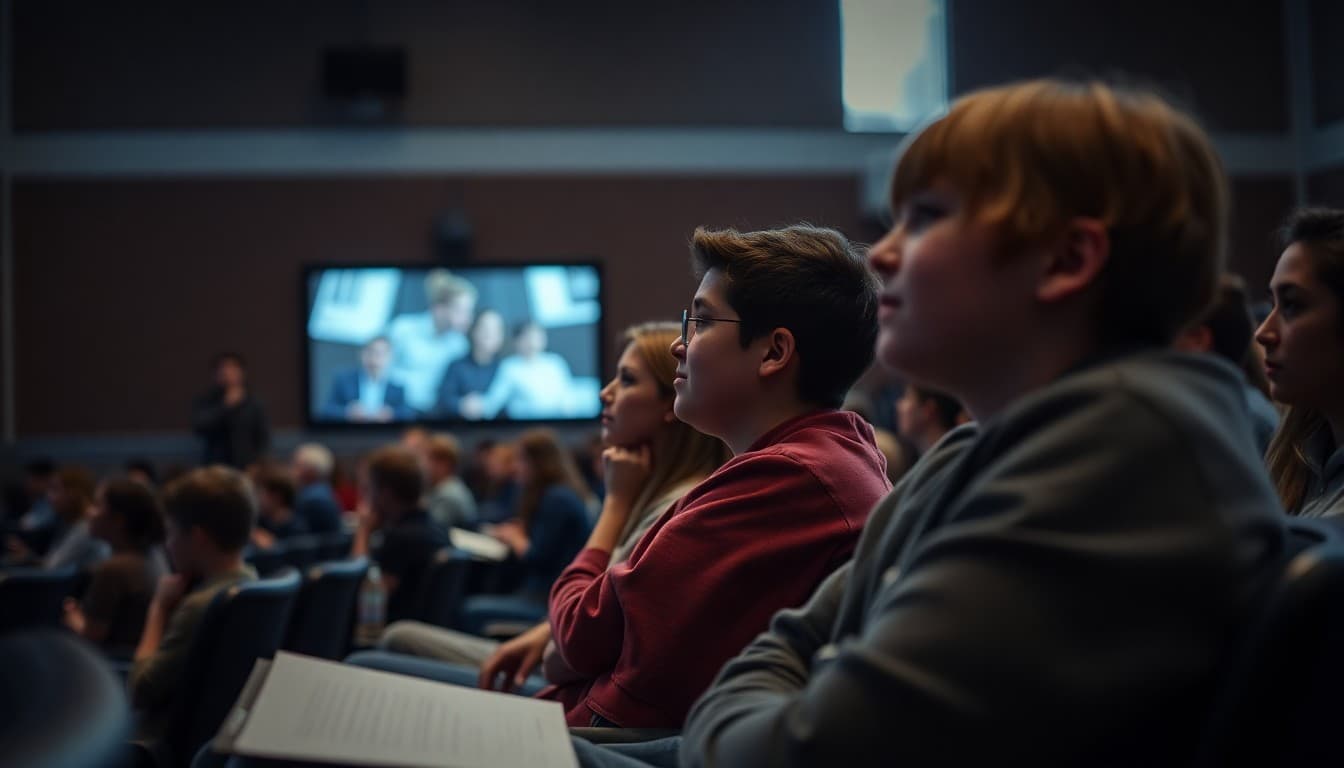 Students watching short films at school film festival screening with audience in darkened auditorium
