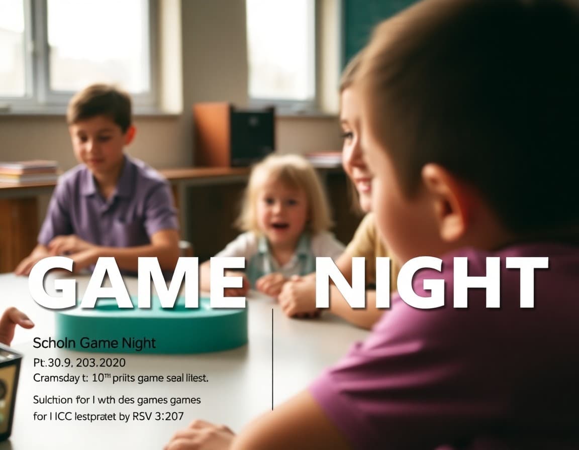School game night newsletter with event details, game list, and RSVP information