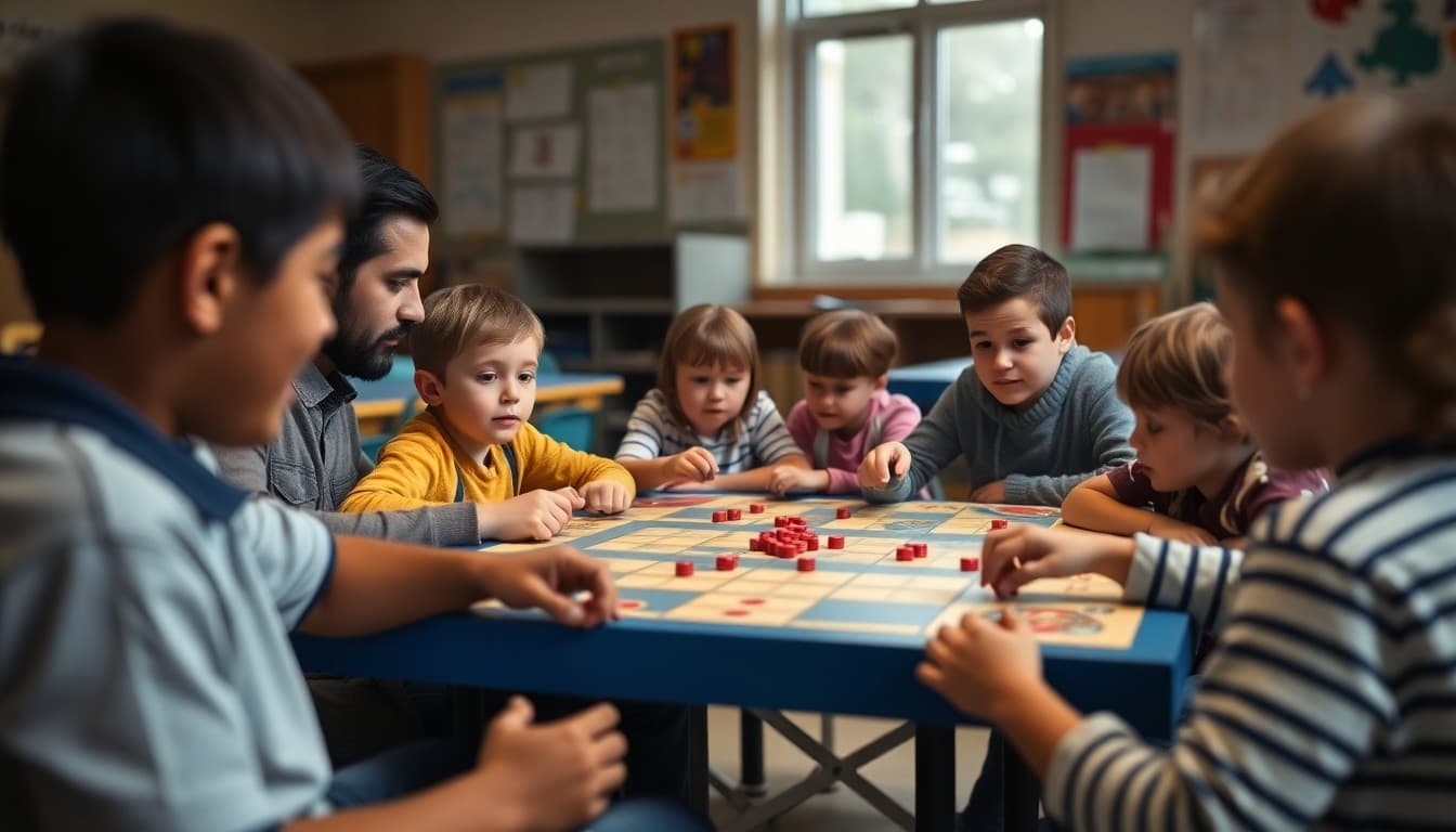 Families playing board games together at a school game night community event