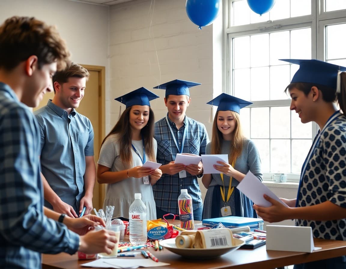 Senior class committee planning school graduation party with decorations and celebration supplies