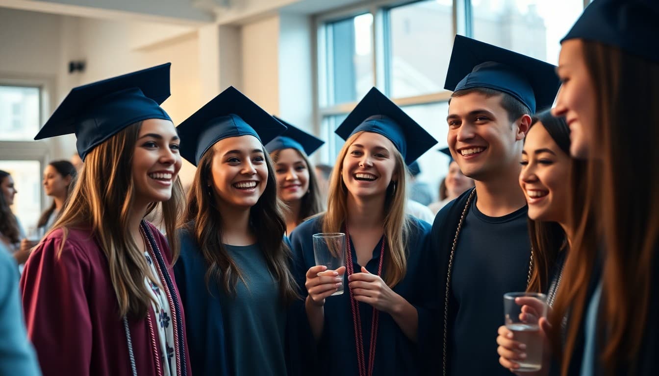 Graduating students celebrating at school graduation party with friends and family at venue