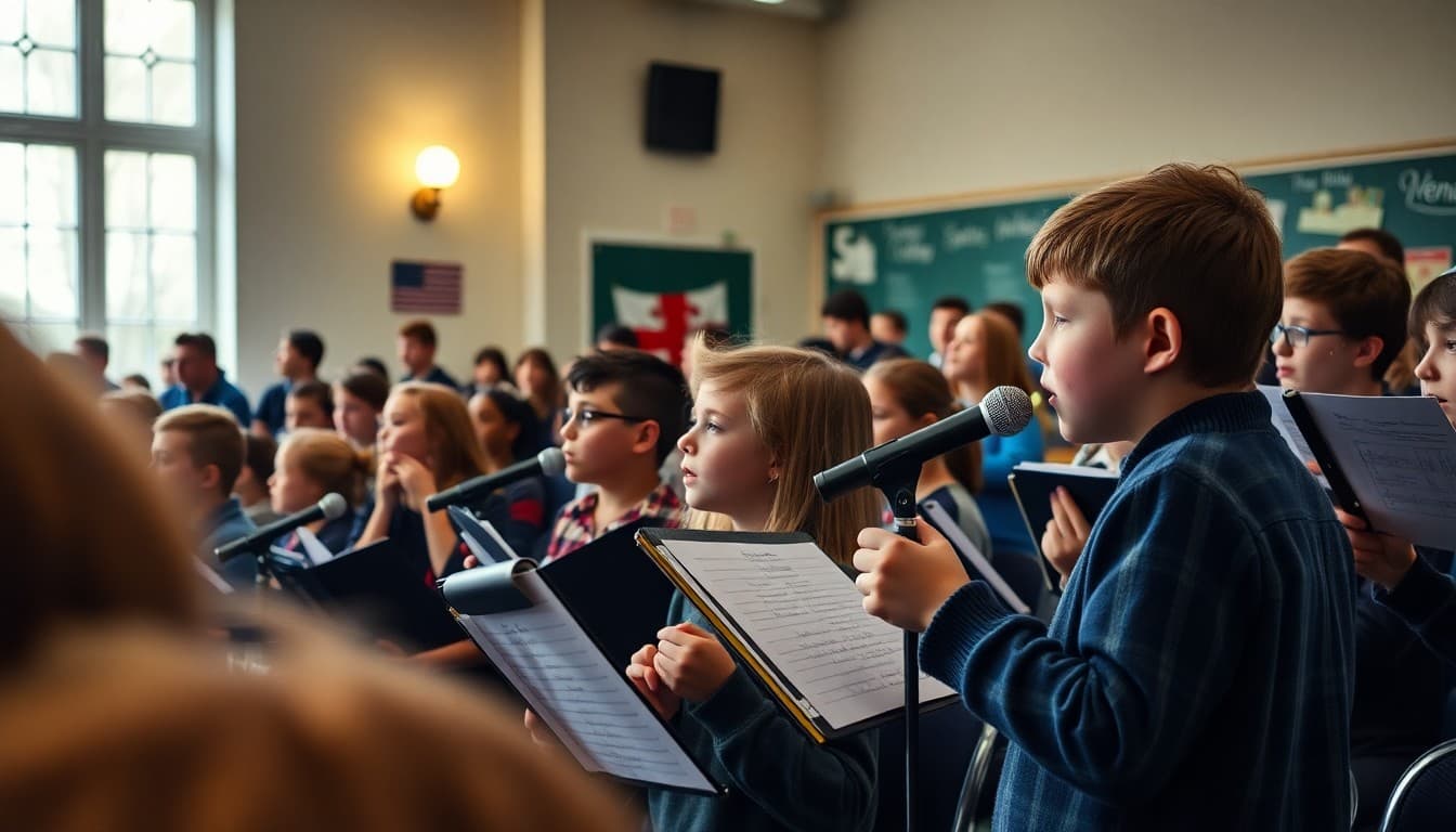 School holiday concert with choir and orchestra students performing in winter concert for full audience