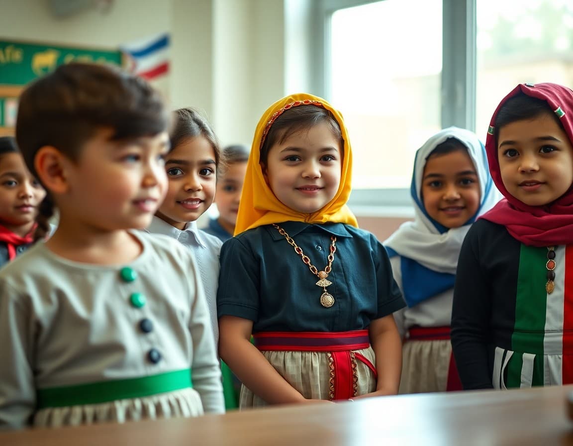 Elementary students in traditional clothing from different countries at school international day event
