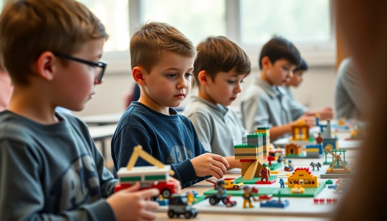 Students displaying LEGO creations at a school building contest event