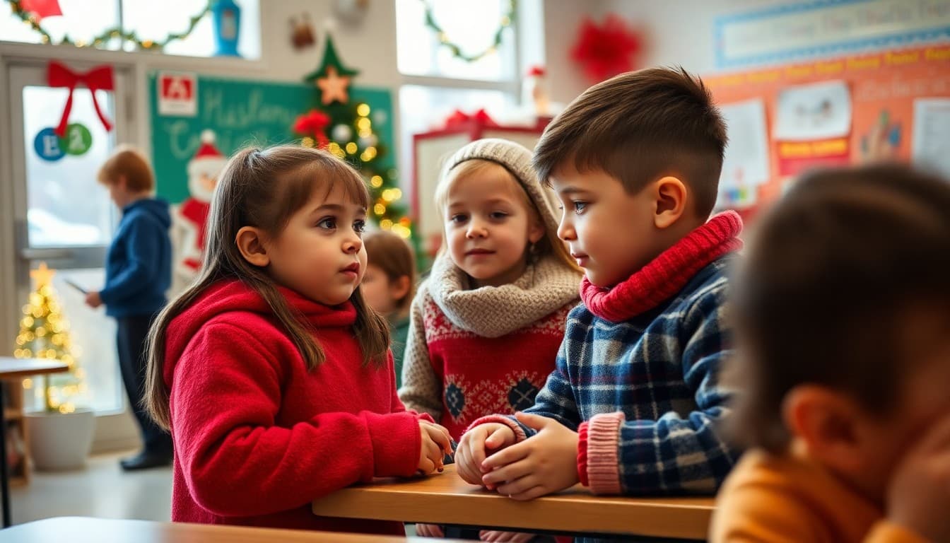 Students at a school winter celebration with holiday decorations and festive classroom displays