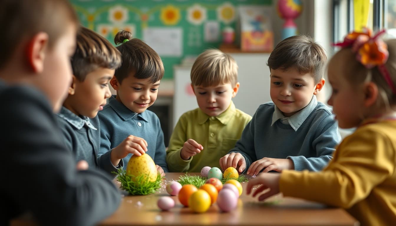 Students at a school spring celebration with Easter egg decorations and spring-themed crafts
