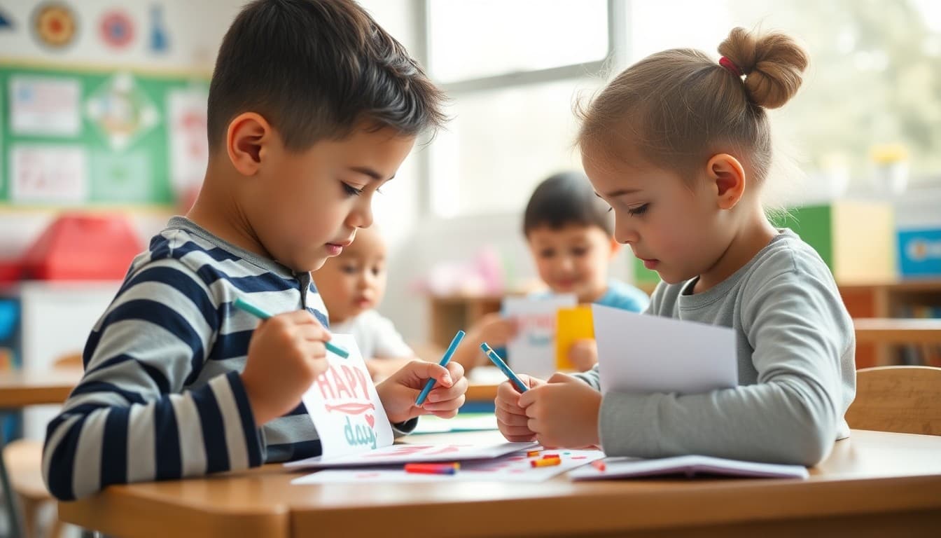 Students creating Father's Day cards and handmade gifts in a bright elementary classroom