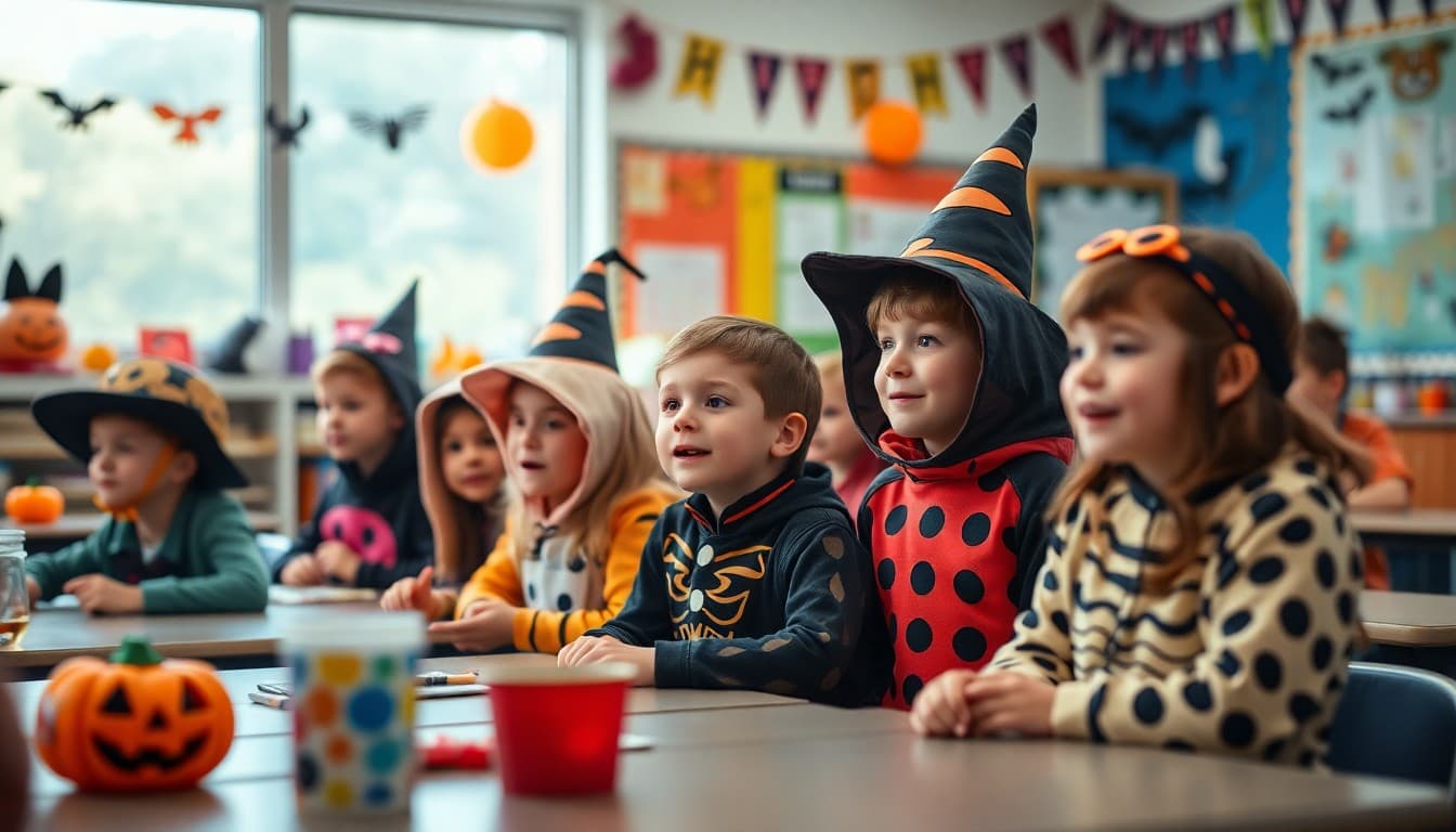 Students in Halloween costumes at a school celebration with classroom decorations