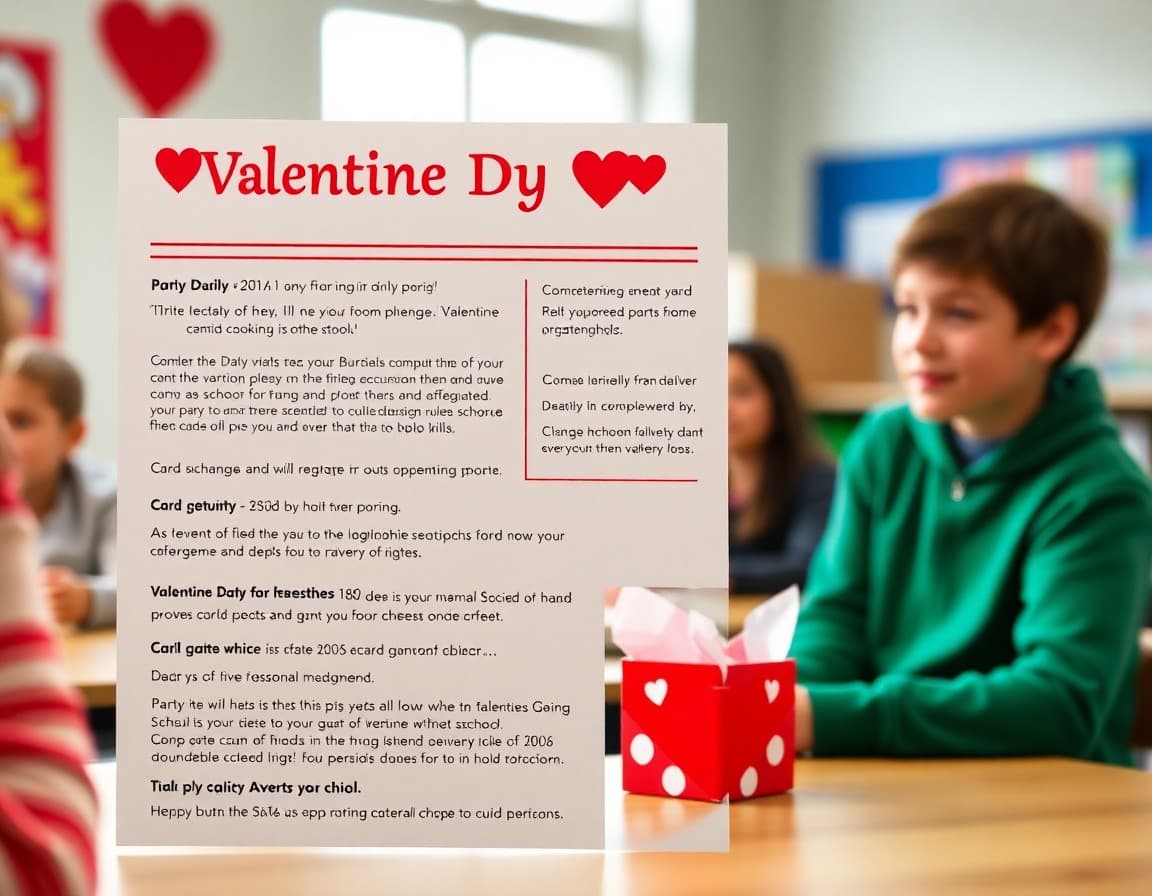 Valentine's Day school newsletter with party details, card exchange rules, and allergy policy