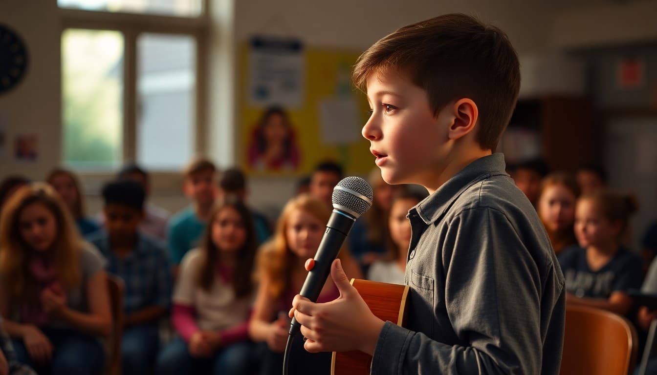 Student performing at a school open mic night in front of a family audience