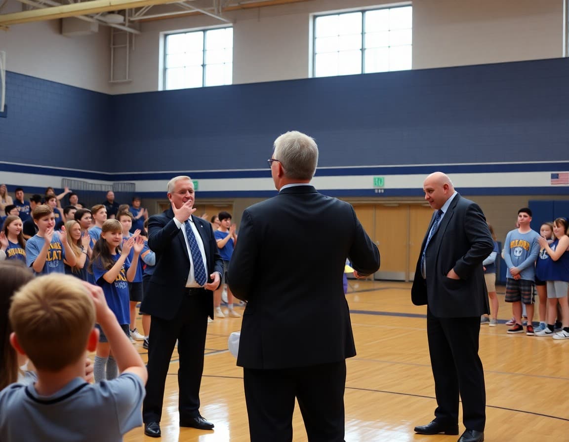 Principal and athletic director leading school pep rally in gymnasium with students cheering