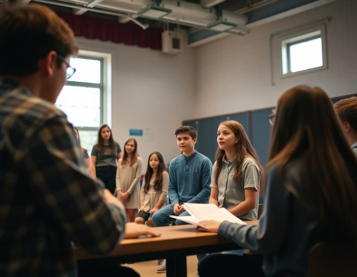 Middle school theater students rehearsing scene from school play with director giving notes on stage