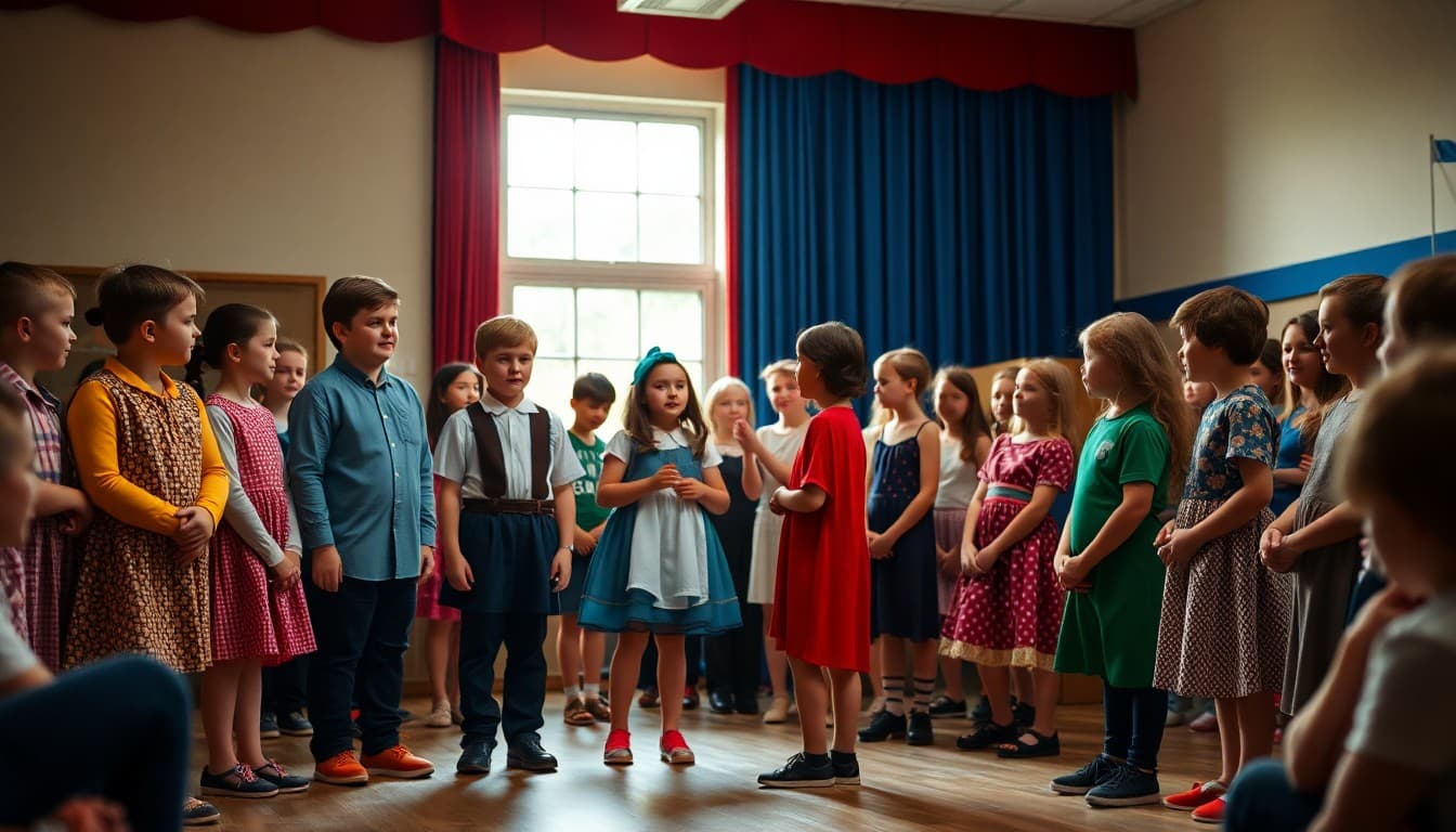 School drama students in costume standing on stage before school play performance for invited families